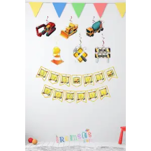 İnşaat Konsept Doğum Günü Partisi İyiki Doğdun Banner + 6lı Tavan Süs Süsleme Paketi Ekonomik Paket