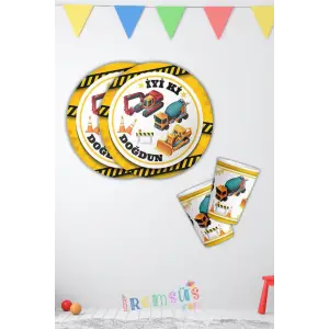 İnşaat Konsept Doğum Günü Partisi Karton Tabak Bardak Parti Seti 8 li İnşaat Tema Süsleme