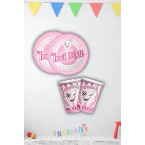 Kız Bebek İnci Dişli Tabak Bardak Set 8li Dişim Çıktı Partisi Diş Buğdayı Süsü