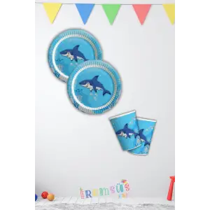 Köpekbalığı Konsept Doğum Günü Partisi Karton Tabak Bardak Seti 8 Li Balık Tema Parti Tabağı