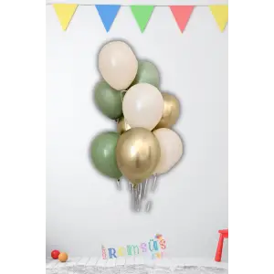 Krom Gold Küf Yeşil Pastel Beyaz Lateks Balon Buketi 9 Adet Küf Yeşilli Balon Seti Aynalı Balon