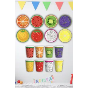 Meyveler Konsept Doğum Günü Partisi Karton Tabak Bardak Seti 8 Li Meyve Tema Parti Tabağı