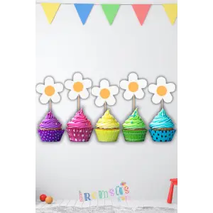 Papatya Konsept Doğum Günü Pasta Cupcake Süsleme Kürdanı 10 Adet Papatya Tema Parti Süsü