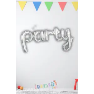 Party Yazılı Birleşik Gümüş Renk Folyo Balon 100cm Parti Balonu Süslemesi