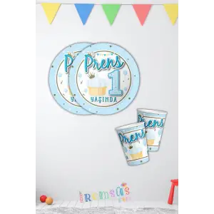 Prens 1 Yaşında Mavi Renk Doğum Günü Karton Tabak Bardak Seti 8 li 1 Yaş Set