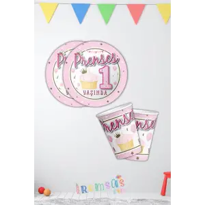 Prenses 1 Yaşında Pembe Renk Doğum Günü Karton Tabak Bardak Seti 8 li 1 Yaş Kız Bebek