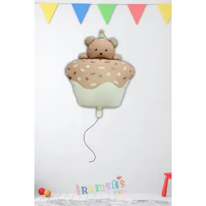 Retro Ayıcıklı Pasta Figür Folyo Helyum Balon 55 Cm Mat Açık Kahve Renk Doğum Günü Folyo Balon