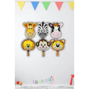 Safari Konsept Doğum Günü 6 lı Mini Hayvan Figür Set Folyo Balon 35 CM Safari Doğum Günü