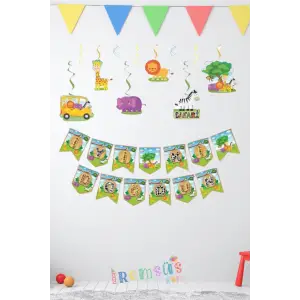Safari Konsept Doğum Günü Partisi İyi ki Doğdun Banner + 6lı Tavan Süs Süsleme Paket Ekonomik Paket
