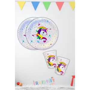 Unicorn Konsept Doğum Günü Partisi Karton Tabak Bardak Seti 8 li Unicorn Süsleme