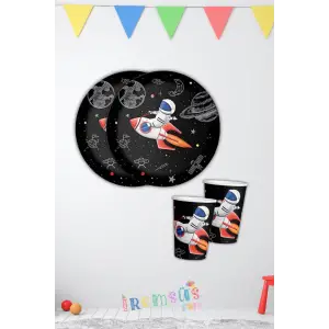 Uzay Konsept Doğum Günü Partisi Karton Tabak Bardak Parti Seti 8 li Uzay Tema Süsleme