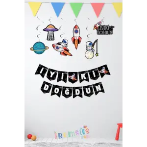 Uzay Konsept Doğum günü Patisi İyi ki Doğdun Banner + 6lı Tavan Süs Paketi Ekonomik Paket Süsleme