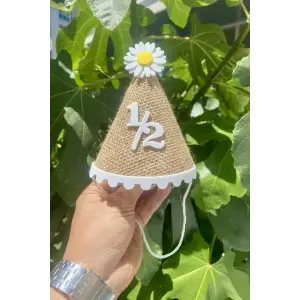 Yarım Yaş Doğum Günü Partisi 1/2 Yazılı Papatyalı Hasır Kukuleta Hasır Konsept Yarım Yaş Kukuleta