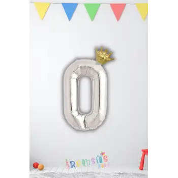 0 Rakam Doğum Günü Kral Taçlı Gümüş Renk Rakam Folyo Balon 0 Rakamı Folyo Balon Seti
