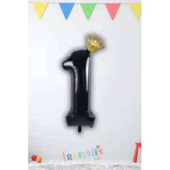 1 Yaş Doğum Günü Kral Taçlı Siyah Renk Rakam Folyo Balon 1 Rakamı Folyo Balon Seti
