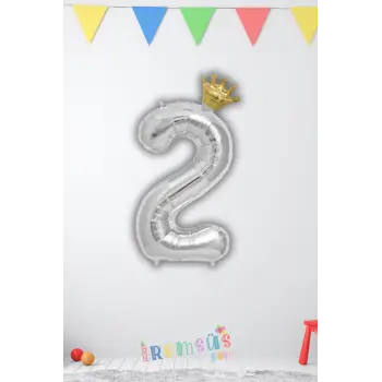 2 Yaş Doğum Günü Kral Taçlı Gümüş Renk Rakam Folyo Balon 2 Rakamı Folyo Balon Seti