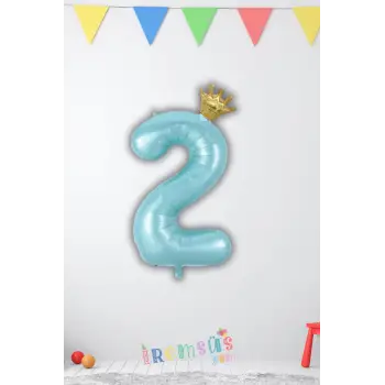 2 Yaş Doğum Günü Kral Taçlı Mavi Renk Rakam Folyo Balon 2 Rakamı Folyo Balon Seti