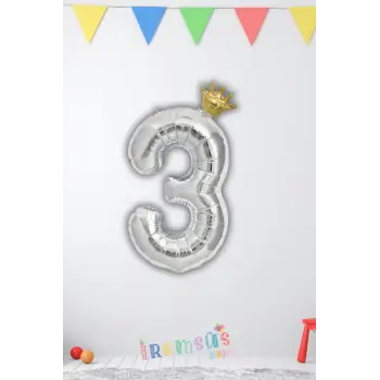 3 Yaş Doğum Günü Kral Taçlı Gümüş Renk Rakam Folyo Balon 3 Rakamı Folyo Balon Seti