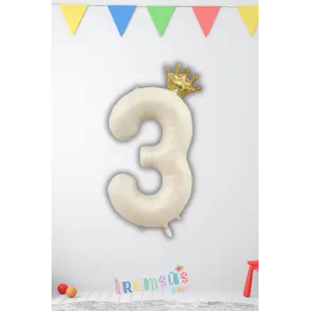 3 Yaş Doğum Günü Kral Taçlı Krem Renk Rakam Folyo Balon 3 Yaş Doğum Günü Folyo Balon Seti