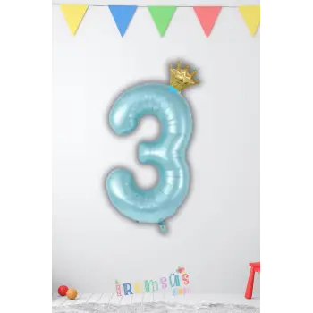 3 Yaş Doğum Günü Kral Taçlı Mavi Renk Rakam Folyo Balon 3 Rakamı Folyo Balon Seti
