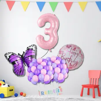 3 Yaş Doğum Günü Partisi Kelebek Tema Balon Süsleme Seti