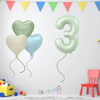 3 Yaş Doğum Günü Su Yeşili Konsept Kalp Balonlu Süsleme Seti