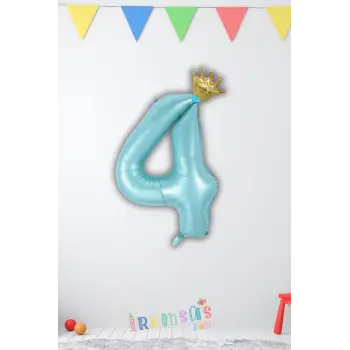 4 Yaş Doğum Günü Kral Taçlı Mavi Renk Rakam Folyo Balon 4 Rakamı Folyo Balon Seti