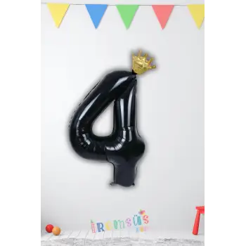 4 Yaş Doğum Günü Kral Taçlı Siyah Renk Rakam Folyo Balon 4 Rakamı Folyo Balon Seti