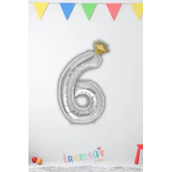 6 Yaş Doğum Günü Kral Taçlı Gümüş Renk Rakam Folyo Balon 6 Rakamı Folyo Balon Seti