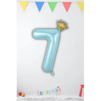 7 Yaş Doğum Günü Kral Taçlı Mavi Renk Rakam Folyo Balon 7 Rakamı Folyo Balon Seti