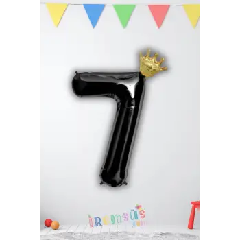 7 Yaş Doğum Günü Kral Taçlı Siyah Renk Rakam Folyo Balon 7 Rakamı Folyo Balon Seti