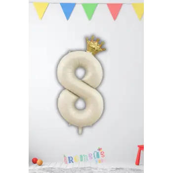 8 Yaş Doğum Günü Kral Taçlı Krem Renk Rakam Folyo Balon 8 Yaş Doğum Günü Folyo Balon Seti