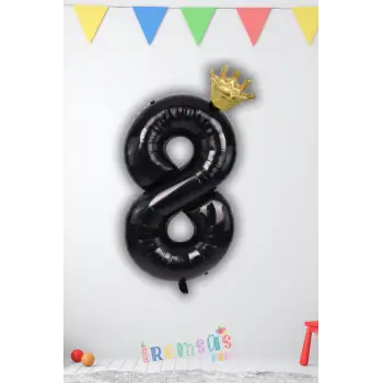 8 Yaş Doğum Günü Kral Taçlı Siyah Renk Rakam Folyo Balon 8 Rakamı Folyo Balon Seti