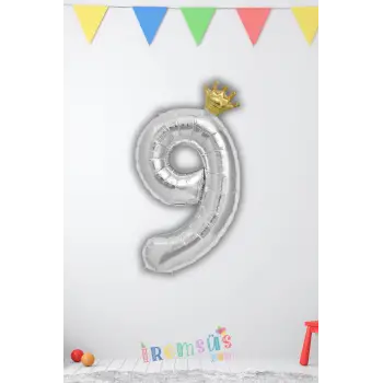 9 Yaş Doğum Günü Kral Taçlı Gümüş Renk Rakam Folyo Balon 9 Rakamı Folyo Balon Seti
