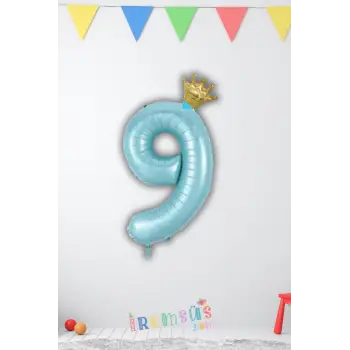9 Yaş Doğum Günü Kral Taçlı Mavi Renk Rakam Folyo Balon 9 Rakamı Folyo Balon Seti