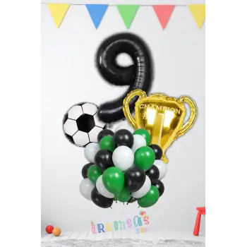 9 Yaş Doğum Günü Partisi Şampiyon Konsept Folyo Helyum Balon Süsleme Seti Futbol Konsept Balonları