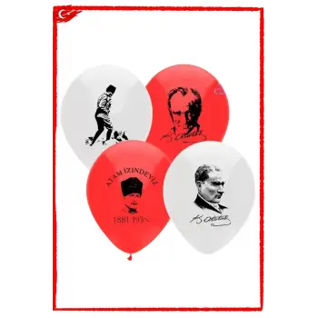Atatürk Baskılı Kırmızı Beyaz Karışık Renk Balon 10 Adet Milli Bayram Süsleme Balonu 29 Ekim