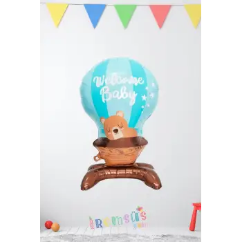 Ayıcık Şekilli Welcome Baby Ayaklı Folyo Balon Mavi Renk 90*55 cm Erkek Bebek Yeni Doğum Süslemesi