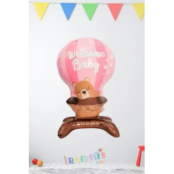 Ayıcık Şekilli Welcome Baby Ayaklı Folyo Balon Pembe Renk 90*55 cm Kız Bebek Yeni Doğum Süslemesi