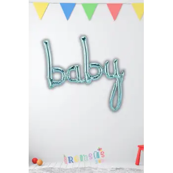 Baby El Yazılı Mavi Renk Folyo Balon 100 cm Yeni Doğum ve Cinsiyet Partisi Süsleme