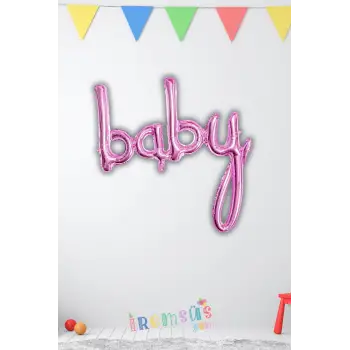 Baby El Yazılı Pembe Renk Folyo Balon 100 cm Yeni Doğum ve Cinsiyet Partisi Süsleme