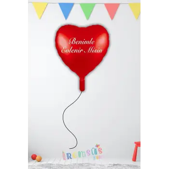 Benimle Evlenir misin Baskılı Kırmızı Renk Folyo Kalp Balon 45 cm Evlilik Teklifi Sürprizi Süslemesi