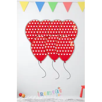 Beyaz Kalp Baskılı Kırmızı Renk Balon 10 Adet Kalpli Süsleme Balonu Kalp Balon
