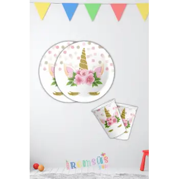 Çiçekli Unicorn Konsept Doğum Günü Karton Tabak Bardak Seti 8 li Çiçekli Unicorn Süsleme