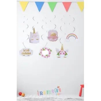 Çiçekli Unicorn Konsept Doğum Günü Partisi 6 lı Tavandan Sarkıt Süs Çiçekli Unicorn Süslemesi