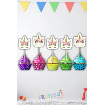 Çiçekli Unicorn Konsept Doğum Günü Partisi Pasta Cupcake Kürdanı 10 lu Unicorn Tema Süsleme