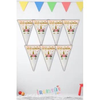 Çiçekli Unicorn Konsept Doğum Günü Partisi Üçgen İyiki Doğdun Flama 2mt Çiçekli Unicorn Masa Süsü