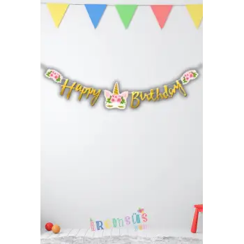 Çiçekli Unicorn Konsept Happy Birthday Kaligrafi Banner Yazısı Gold Renk 210 cm Unicorn Süs