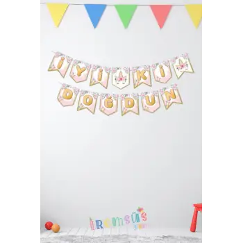 Çiçekli Unicorn Konsept İyiki Doğdun Yazısı Banner Çiçekli Unicorn Süslemesi 190 cm