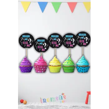 Cinsiyet Belirleme Partisi Konsept Süsleme Pasta Cupcake Kürdanı 10lu Cinsiyet Partisi Süs